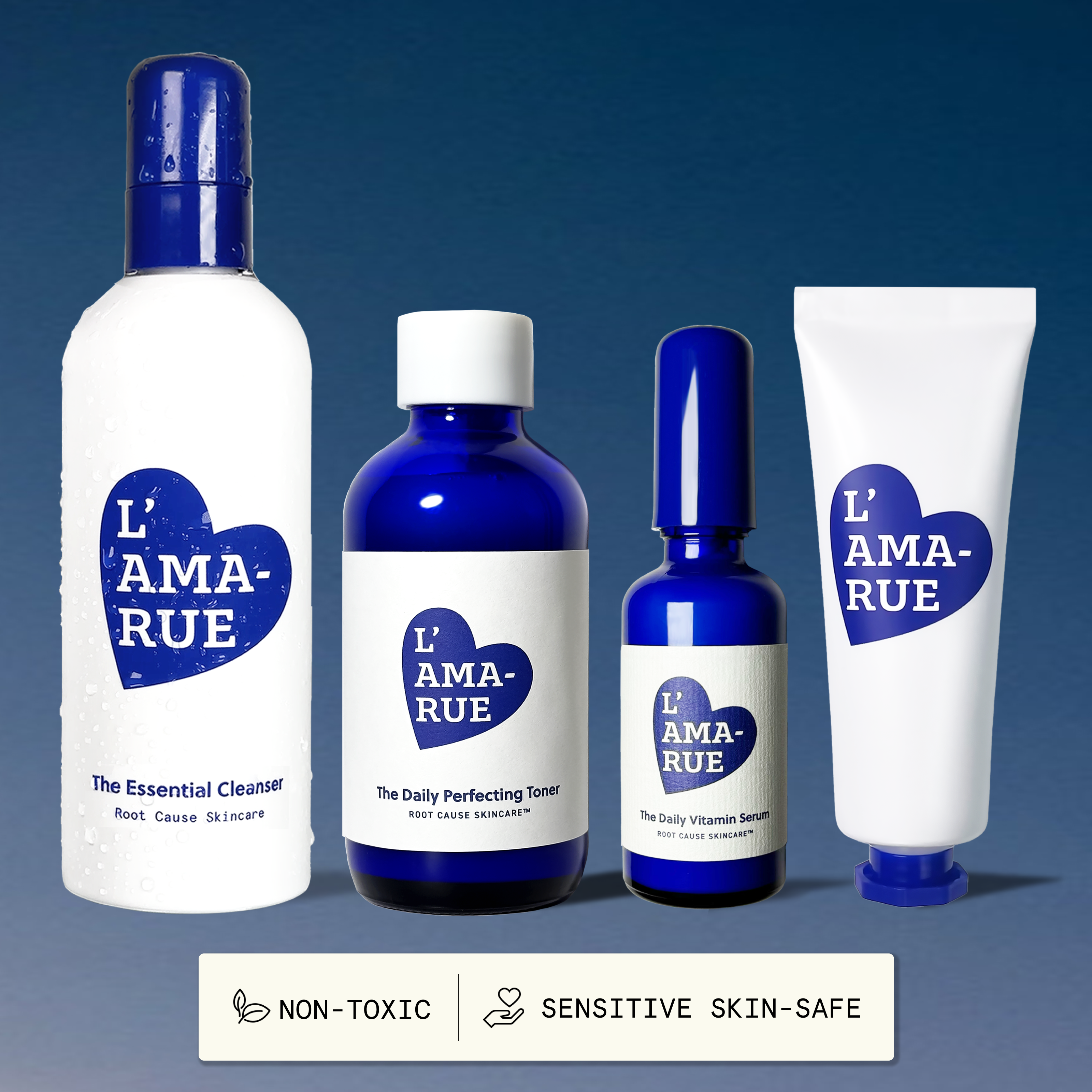 Blue toner bottle labeled 'L'AMARUE' with fig and plant illustrations.