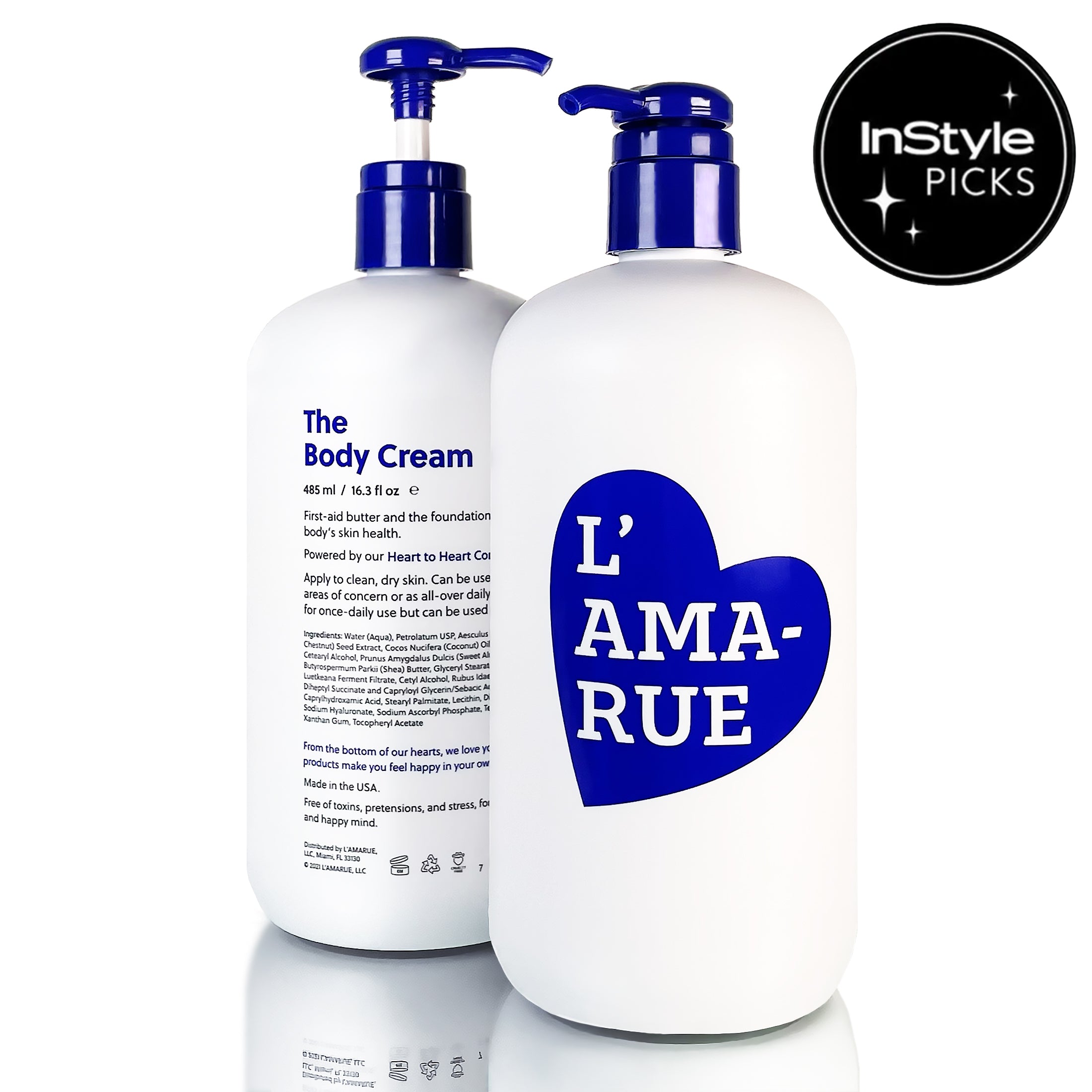 Blue toner bottle labeled 'L'AMARUE' with fig and plant illustrations.