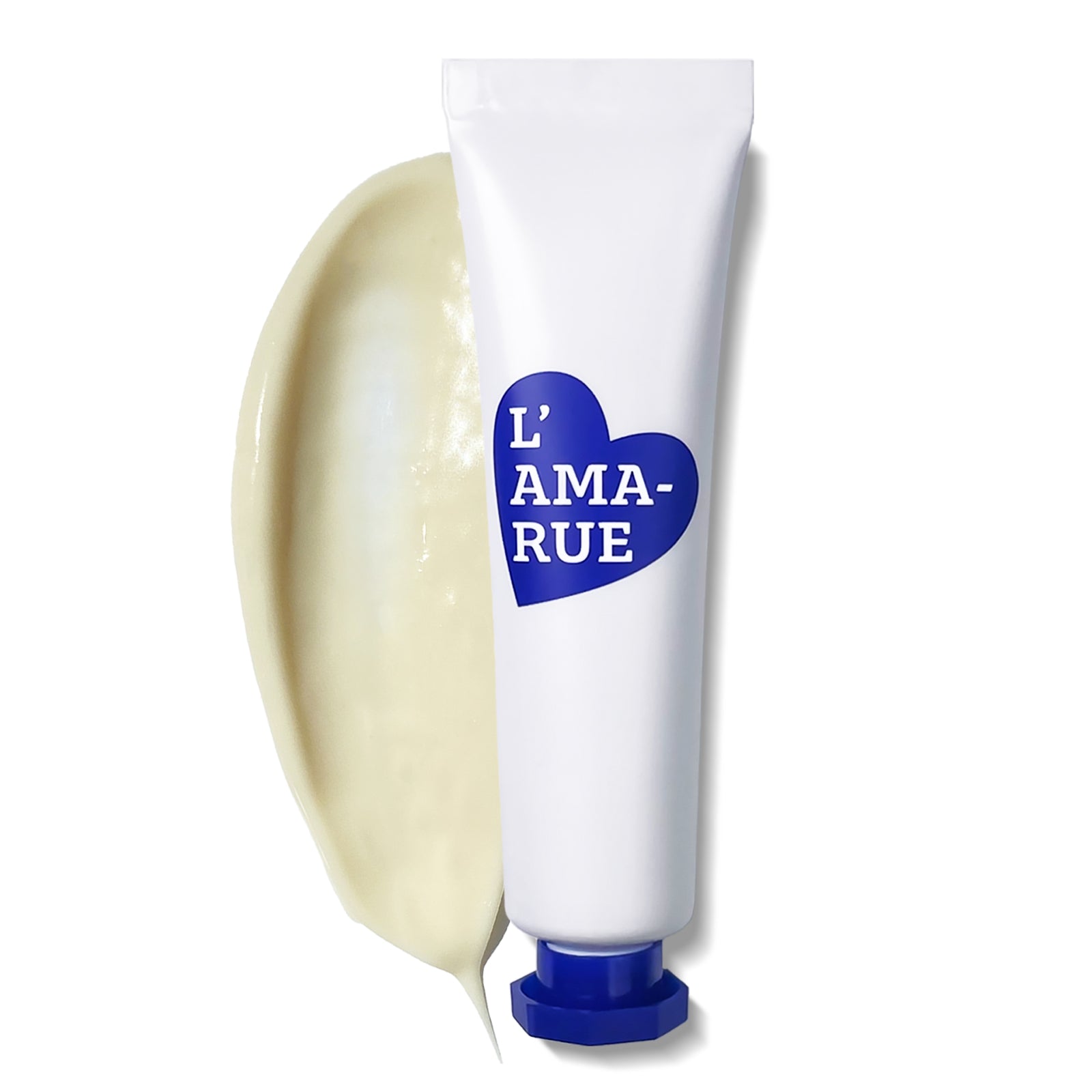 Two sizes of L'AMA-RUE cream tubes with product swatches.