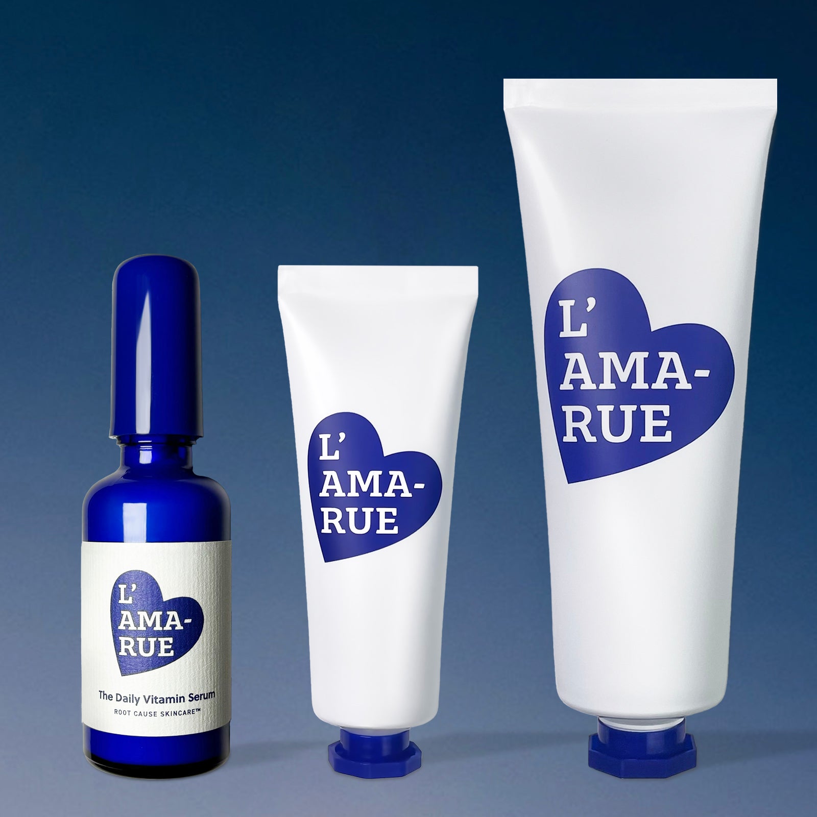 Two sizes of L'AMA-RUE cream tubes with product swatches.