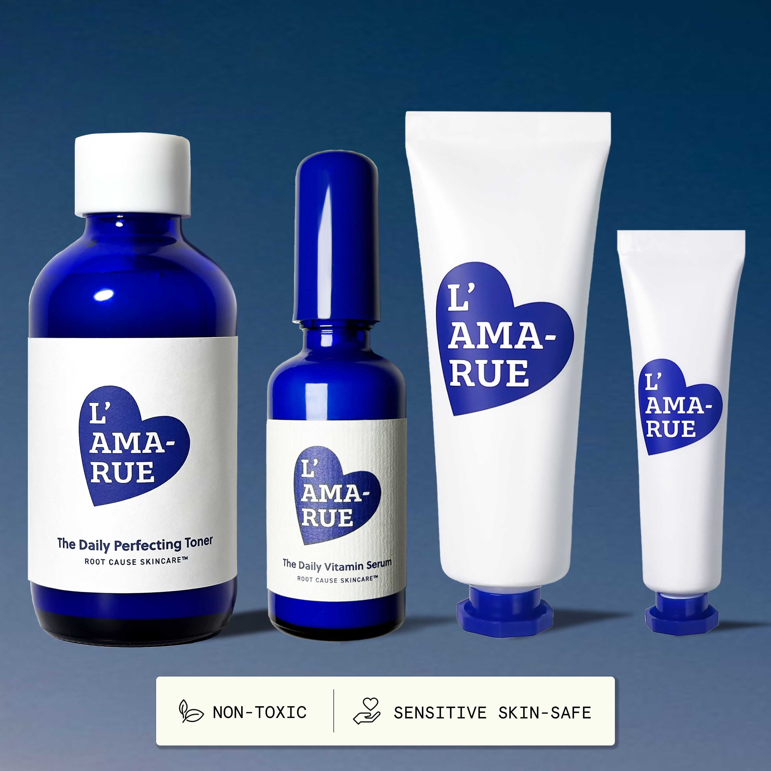Skincare products with blue packaging labeled 'L'AMARUE.'