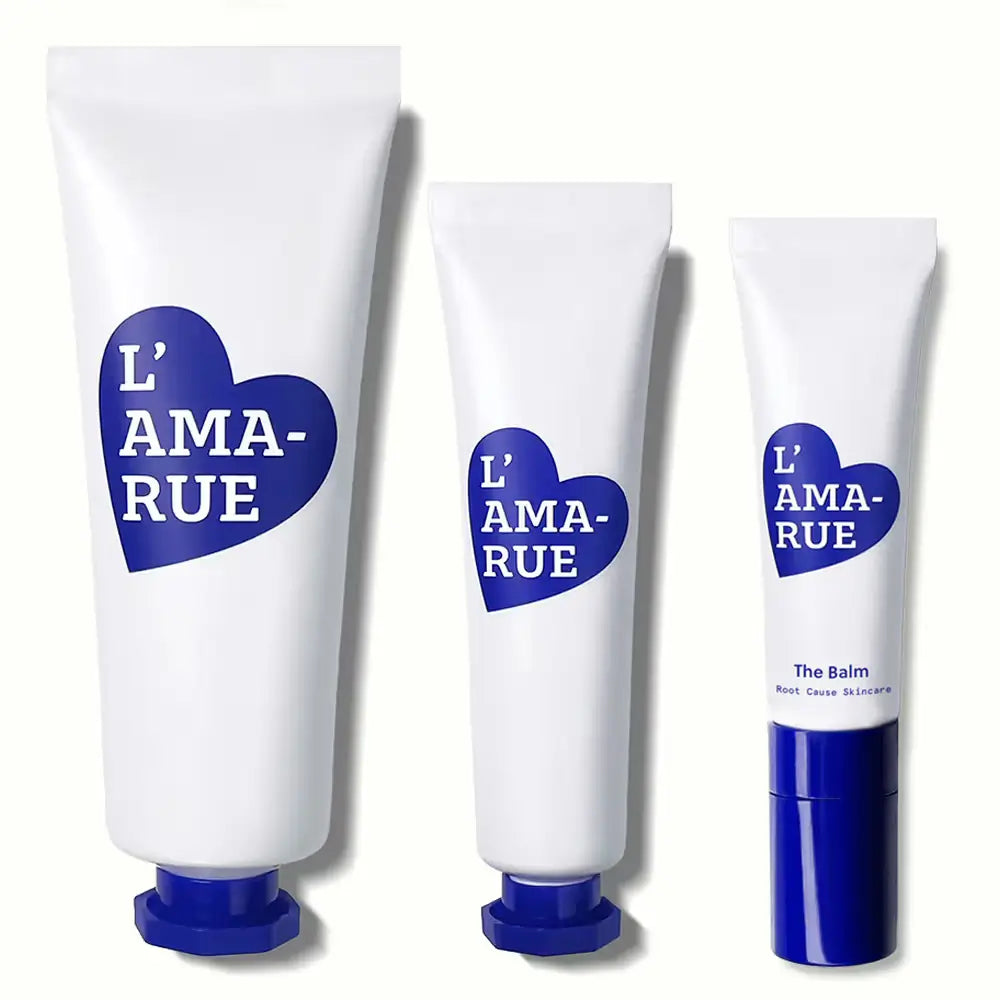 Two sizes of L'AMA-RUE cream tubes with product swatches.